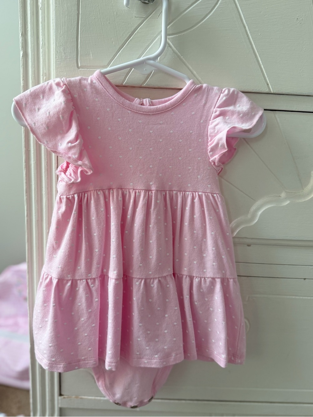 Little Me 12M Pink Tiered Dot Baby Dress with Flutter Sleeves